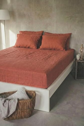 Ger3as Leinen Spannbettlaken – 100% Stonewashed Leinen – Rundumgummi – Atmungsaktiv, Temperaturregulierend & Hautfreundlich – Ohne Kissenbezüge (Rotbraun, 90 x 200 +30 cm)