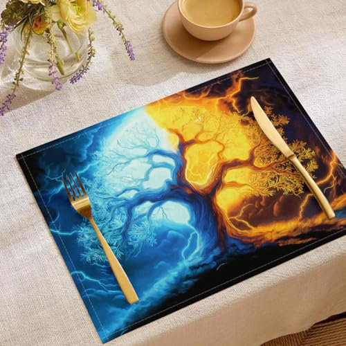 Psychedelischer Großer Baum Platzsets Set 2 Stück, Tischset EIS Feuer Pflanzen, Abwaschbar Platzsets Frühling Sommer Platzdeckchen, Blau Tischdeko Küche, Drinnen Urlaub Party Deko 30x45cm