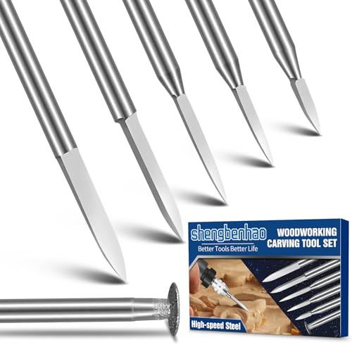 shengbenhao Mini Holzschnitzwerkzeuge für DIY Holzbearbeitung MikroSkulptur | 5 Stück Gravur Bohrer Bits und 1pcs Diamant Schleifen Bit, 1/8 Schaft Kompatibel mit Dremel Rotationswerkzeug