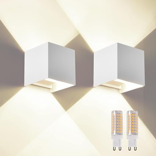 wisdom line G9 LED Wandleuchte Innen & Außen, IP65, 4000K, 2er-Pack, Weiß | Up & Down Wandlampe aus Aluminium, 9W, einstellbarer Abstrahlwinkel, wetterfeste Außenleuchte für Fassade, Flur & Garten.