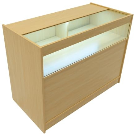 Maple Shop Counter LED Light B 1200mm Lockable Sliding Doors 2 Keys Retail Storage Unit Display Showcase Cabinet Reception Desk Clothing Jewellery Store 3 Shelves 1 Glass 2 Enclosed White Lighting