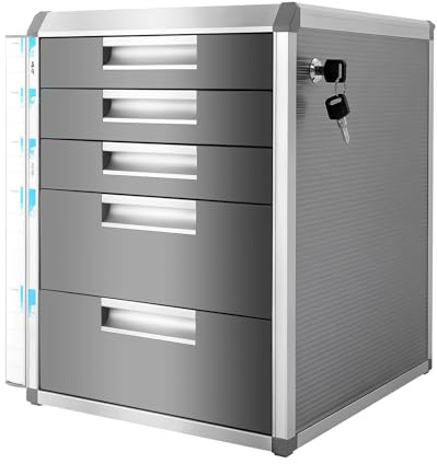 Mqwdxzfes 5-Fach Aluminium Aktenschrank, Dokumenten-Organizer mit Schloss, Metall Schubladenbox A4, Groß Schreibtisch Ablagebox Aluminiumlegierung Büroschrank Beistellcontainer für Büro/Haus