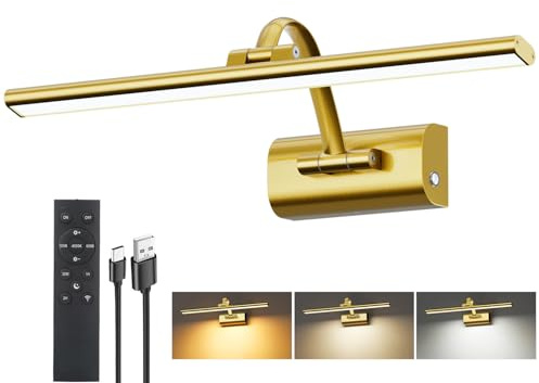 HUAEU 16 Picture Lights for Wall, 5200mAh Rechargeable Wireless Picture Light with Remote, Dimmable 3 Color Temps Battery Operated Wall Lights for Pictures Painting Dartboard Gallery, 40cm Brass
