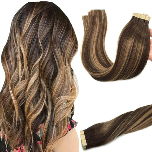 GOO GOO Tape Extensions Echthaar, 40cm 50g 20 Stk., #4/27/4 Balayage Braun | Schokolade Braun bis Karamell Blond, Remy Echthaar, Seidig Weich, Verfilzungsfrei, Unsichtbare, Langlebig, Alltag, Feiern
