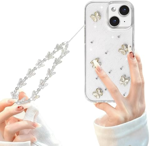 xoniery Clear for iPhone 13/14 Case with Cute 3D Butterfly Aesthetic Pattern Case for Women Girls with Chain Wrist Strap Soft TPU Bumper Shockproof Protective Slim Anti-Yellow Cover