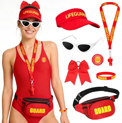 SelfTek Baywatch Kostüm Set - 8 Stück Lifeguard Kostüm für Damen Herren | Rettungsschwimmer Kostüm mit Baywatch Rettungsboje, Hut, Gürteltasche, Sonnenbrille, Pfeife für Karneval Strand Party