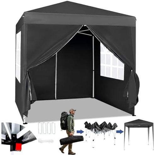 LEADZM Pavillon 2x2m Garten Faltpavillon mit 4 Seitenteilen,Schwarz | Wasserdicht ,Winterfest,Höhenverstellbar,UV Schutz 50+,Gartenzelt,Partyzelt,Stahlrahmen,für Garten,Party,Camping