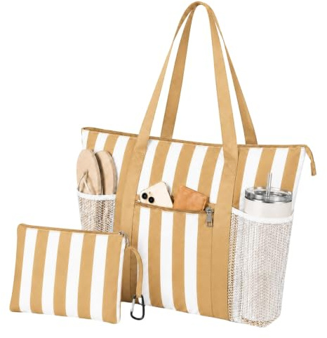 TAHAVICE 35L Große Strandtasche Damen, XXL Badetasche mit 5 Fächern & Nassfach, Wasserdichte Familie Strandtasche mit Reißverschluss, Beach Bag für Reise Strand Pool