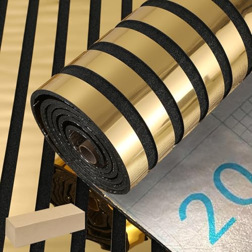Anttyscar 6mm Dicke Gold Selbstklebende Tapete Spiegeloptik, Muster 3D Zierleisten Paneele Selbstklebend Wandpaneele Mit Streifen Spiegel Wandverkleidung für Wanddekoration, Wohnzimmer, Büro 300x40cm