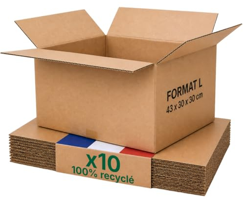 Lot de 10 Caisses Carton Emballage Colis L - 43 x 30 x 30 cm | Résistant - Format A3 - 100% recyclé - Fabriqué en France - Idéals pour Expédition, Rangement, Vêtements, Chaussures, Linge