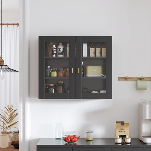 KEEPREAPER Hängeschrank 70cm Küchenhängeschränke mit 2 Glastüren Schwarz | Wandschrank für Gewürze, Wandmontage, Geeignet für Küchen, Wohnzimmer, Flur