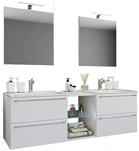 VCM 3-TLG. Set | 2 Waschtisch, 2 Spiegel, 2 Waschbecken, 1 Mittelfach | Keramik Waschbecken, Mittelfach aus Melamin und Glas | Doppel Waschplatz - Badinos XXL 60, Spiegel, Weiß