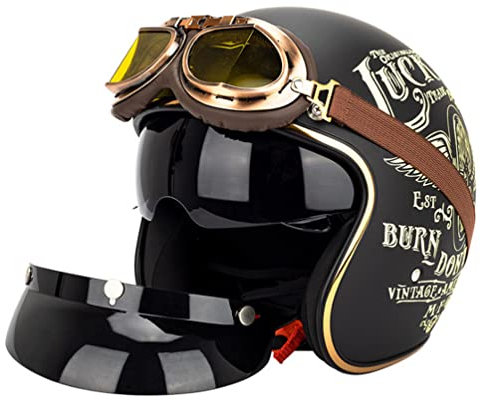 Jethelm Motorrad mit Visier Motorradhelm mit Brille Vintage Leder PU ABS Half Face Motorradhelm