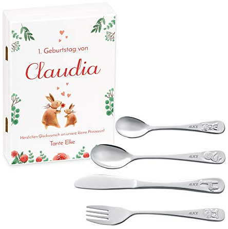 Maverton Kinderbesteck Set mit Gravur + Holzbox mit Aufdruck - mit Tieren - aus Edelstahl - Weiß - Geschenk für Mädchen zum Geburtstag zur Taufe Geburt - Häschen