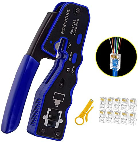 RJ45 Crimper Tool Kit - All-in-One 8P Pass Through Network Ethernet Cable Crimping Tool for RJ45 Cat6 Cat5 Cat5e Connectors with 10 Pieces Cat6 Ends and 1 Piece Mini Wire Stripper