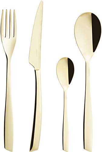 BUGATTI, Riviera, Set Posate 50 Pezzi in Acciaio Inox 18/10. Rivestimento PVD Colore Champagne, Servizio 12 Cucchiai, Forchette, Coltelli, Cucchiaini, 1 Forchetta Servire e 1 Cucchiaio Servire