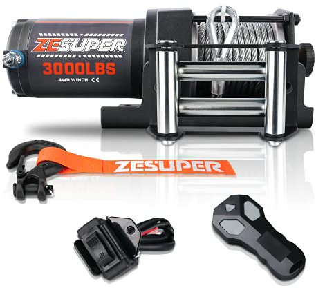 ZESUPER 3000 lb Electric Winch Steel Cable Off Road ATV Winch Waterproof UTV ATV Boat Trailer Winch Kits 12V Winch with Wireless Remote Mounting Plate Handheld Switch