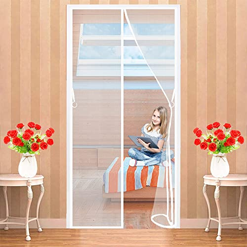 Moustiquaire Porte MagnéTique 90x200 cm Rideau Anti Mouche Porte Moustiquaire Enroulable Fermeture Automatique Sans Perçage pour Enfants et Animaux de Compagnie, Blanc