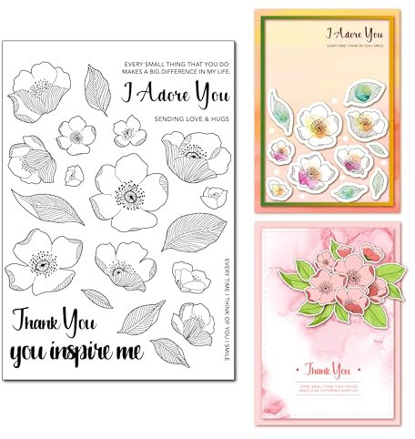 Arrietty Stempel zum Selbermachen mit Blumen und Blättern, mit Aufschrift Thank You Adore You Inspire Me, klar, für Sammelalben und Grußkarten