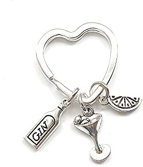 Juliet English Gin and Tonic Keyring, Novelty Bag charm, 30mm Key Chain With Bottle, Glass and Lemon Charms