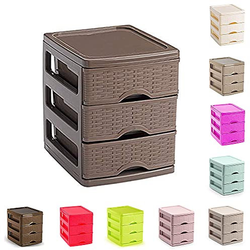 Plastic Desktop Storage Unit with Drawers, Stationary Arts Drawer Desktop Tabletop Organiser Storage Tower Unit for Office Bedroom Garage ((17 x 13.5 x 17cm - 3 Drawers Dark Brown Rattan))