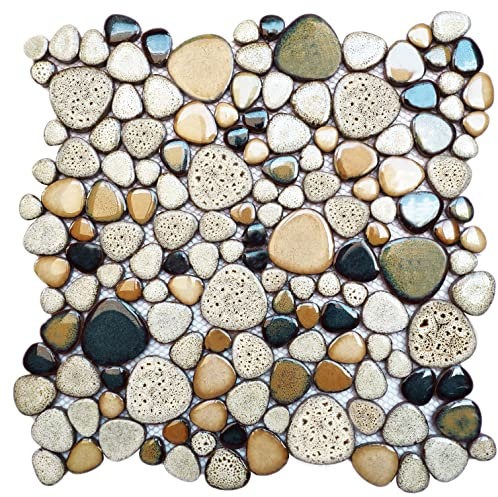 Parrotile Leopard Random Pebble Ceramic Tile Tan Sand Colors 12'' x 12'' Mosaic Sheet for Accent Wall Backsplash Shower Floor PT87 (Box of 5 Sheets)