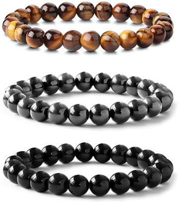 Adramata 3 Stück 8mm Natürliche Edelstein Armband Set für Damen Herren - Chakra Schutz Stapelbar - Tigerauge/Schwarzer Obsidian/Hämatit Perlen