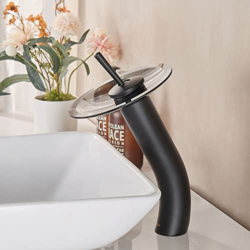 RODDEX Wasserfall Badezimmer Wasserhahn Glas Einzelgriff Massives Messing Waschbecken Toilettengefäß Spüle Waschtischarmatur Hoch, Schwarz