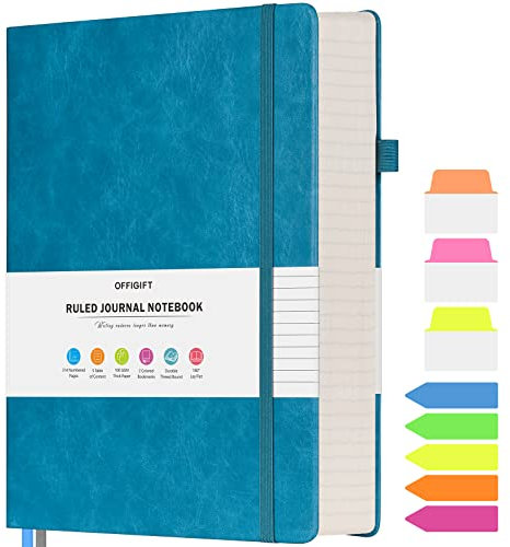 OFFIGIFT Quaderno a righe, Grande quaderno rigido in pelle A5, Quaderno da lavoro con 312 pagine numerate, Carta da 100gsm senza sbavature, Quaderno a righe per donne, uomini, scuola e ufficio, Blu