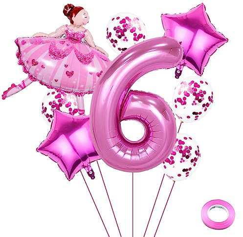 Weenkeey 6 Jahre Ballett Geburtstag Deko Große Ballerina Luftballon 6. Geburtstag Ballett Folienballon Rosa Zahl 6 Luftballon für Mädchen Geburtstag Party