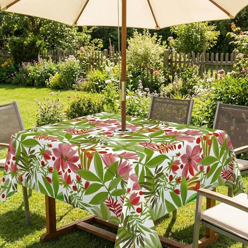 QPC Direct Wipe Clean Waterproof Outdoor Garden Tablecloth with Parasol Hole (Tropical Flowers, Rectangle 140 x 200cm)