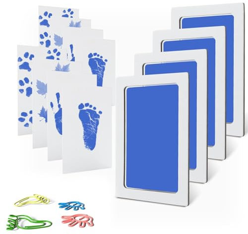 Handabdruck und Fußabdruck Set - 4x Stempelkissen Blau + 8x Weißes Papier + 4x Büroklammern, Abdruckset Erinnerungen Machen