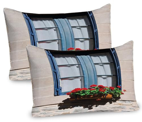 ABAKUHAUS Land Kissenbezug Packung mit 2, Fenster Im Mediterranen Stil Mit Fensterläden Bild Französisches Leben Im Urbanen Leben, Dekorativer Standard Gedruckter Kissenbezug, 80 x 40 cm, Blau grau
