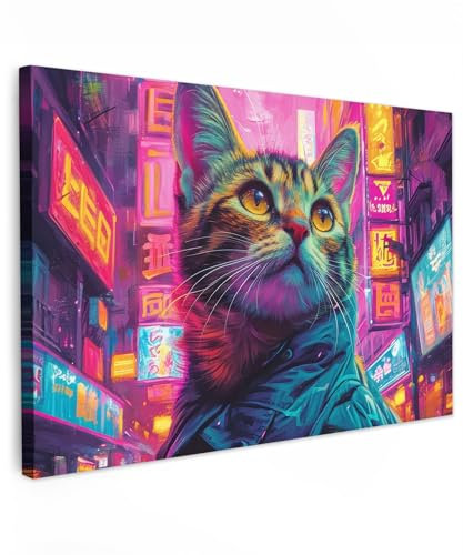 MuchoWow© Bilder Groß 120x80 cm XXL Wohnzimmer Deko Modern Wandbild Foto auf Leinwand Bild Schlafzimmer über Bett Room Decor Geschenke Graffiti - Katze - Neon - China - Rosa - Pop-Art