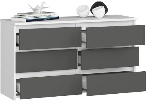 BDW - Kommode mit 6 Schubladen - 100 cm breit, 57 cm hoch - Schrank, Sideboard, Mehrzweck-, Schuhschrank, Schubladenkommode, Aktenschrank - Wohn-, Schlafzimmer, Flur - Wiess/Grau