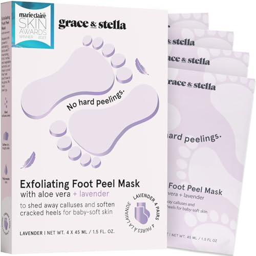 Maschera Piedi Esfoliante (4 Paia, Lavanda) – Scrub Piedi con Aloe Vera – Peeling Piedi e Talloni per Rimuovere la Pelle Morta, Calli e Duroni
