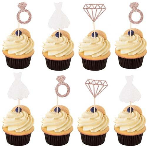 ALEGRE 24 Stück Cupcake Topper Hochzeit,Glitzer Tortendeko Hochzeit,Roségold Kuchen Deko Hochzeit,Ringe Muffin Deko,Glitter Diamanten Hochzeitstorte Deko für Hochzeit Verlobung Brautparty Partyzubehör
