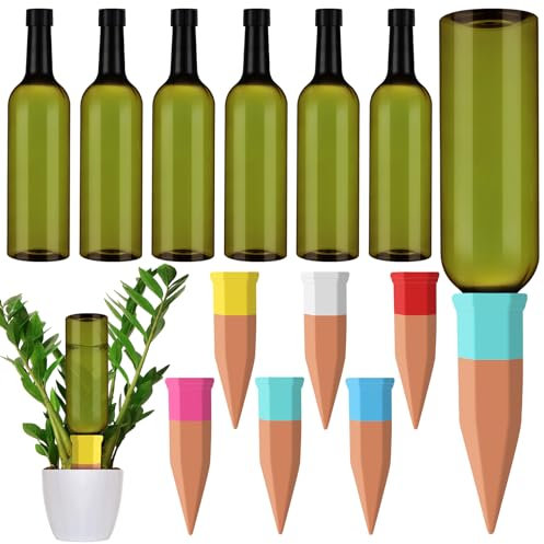 SiliFine Lot de 12 dispositifs d'arrosage pour plantes comprenant 6 pointes d'arrosage automatique en terre cuite et 6 bouteilles en plastique de 760 ml, insert de vacances à libération lente