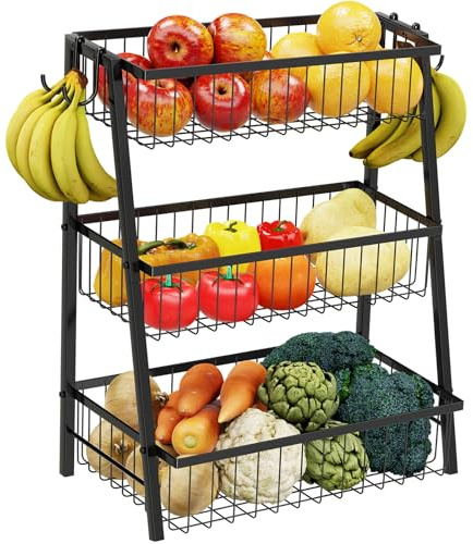 Simple Trending 3-Tier Trapezoidal Fruit Basket with 4 Banana Hooks, Extra Large Metal Wire Kitchen Organizer for Countertop - Rust-Proof for Fruits, Vegetables, Snacks, Bread Storage, Black