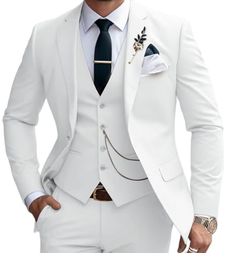 Mens Suits 3 Piece Slim Fit Suit Set Business Wedding Tuxedo Jacket Vest Pants, White, XL