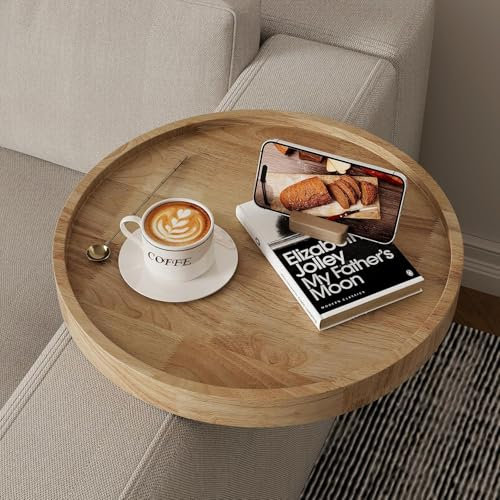 Semjar Natural Wood Couch Arm Table Tray,Adjustable Sofa Armchair Tray for Thin & Wide Couches Arms,Round Wooden Sofa Armrest Side Table Snack Trayble