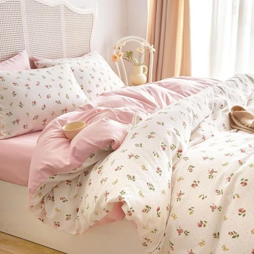 Sedefen Bettwäsche 135x200cm 4Teilig Weiß Rosa Grün Blumen Blätter Pflanzen Floral Wendebettwäsche Set Microfaser Mädchen Bettwaren-Sets 2 Bettbezug mit Reißverschluss und 2 Kissenbezug 80x80cm