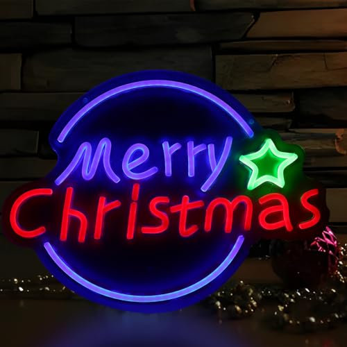 MaxAwe Merry Christmas with Christmas Tree and Stars Led Neon Lights Sign, 39 * 21cm Acrylic Powered by USB with Switch Colorful Neon Light Sign for New Year, Christmas Party, Holiday Decoration Gift