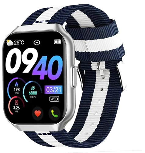 Blueshaweu Compatibile con P98 1.96 Smartwatch Bands, 22mm Traspirante Nylon Tessuto Sostituzione Cinturino Accessorio Compatibile con QCOQ Smartwatch P98-1.96 (Blu&Bianco&Blu)