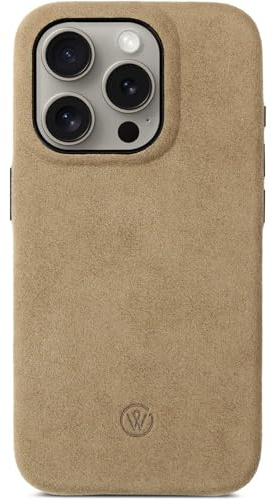 GOOD WILHELM Alcantara-Hülle Kompatibel mit iPhone 15 Pro Max, handgefertigtes Premium Case mit magnetischem Qi-Laden und extra Kameraschutz, Leder-Alternative (Baltic Sand, iPhone 15 Pro Max)