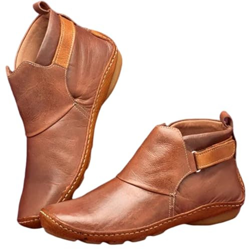 Stivaletti Comodi Da Donna Con Ampia Larghezza, Stivaletti Con Tacco Basso E Piatto Con Supporto Per L'arco Plantare, Stivaletti In Pelle, Comodi Stivali Con Tacco Basso E Piatto (42,Marrone)