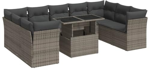 vidaXL 10-TLG. Garten-Sofagarnitur mit Kissen Grau Poly Rattan, Outdoor Sofa Set, Outdoor Sofagarnitur, Garten-Lounge-Set, Garten Sofagarnitur