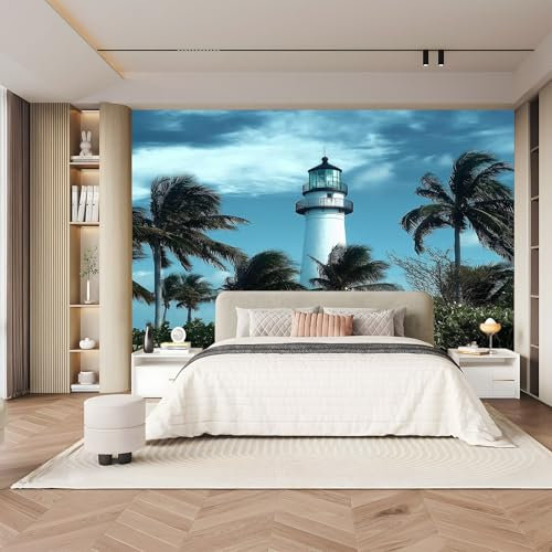 Fototapete Leuchtturm Palmen200 x 140 cm Tapete Fototapeten Vlies Tapeten Blau Vliestapete Wandtapete moderne Wand Wandbild Schlafzimmer Wohnzimmer