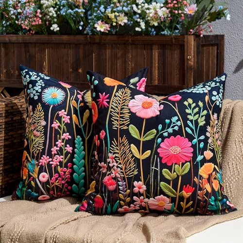 DecorMommt Schwarz Outdoor Kissenbezug 40x40cm 2er-Set, 3D-Druck Frühling Wildblumen-Pflanzen Farbe Kissenbezüge, Dekorative Quadratische Weich Bauernhaus-Dekor-Kissenhülle für Zuhause Sofa Garten
