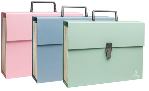 Exacompta - Ref. 56339E - Box of 4 Suitcase sorters with Autentik Handle - Reinforced Multi-Coloured Gussets - Clip Button Closure - 18 compartments - Size 32x24cm - 3 Assorted Colours